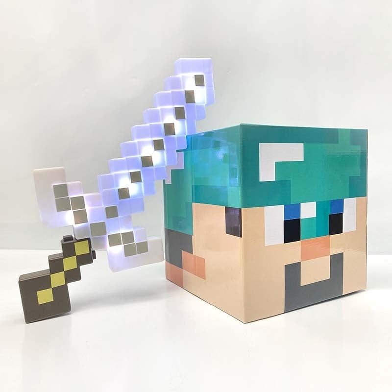 Pixel Art Toy Light-Up Adventure Sword + Diamond Steve Cardboard Head Toy Set