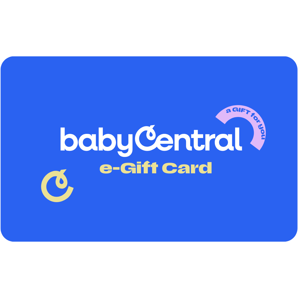 Blue e-gift card with babyCentral branding on a white background
