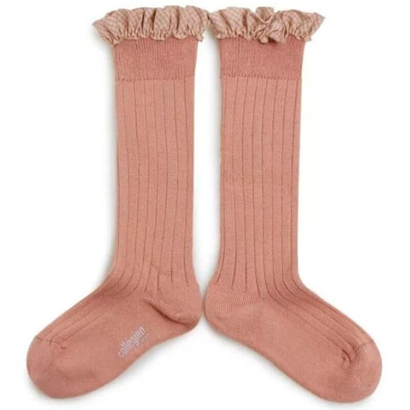 Collegien Apolline Gingham Ruffle Ribbed Knee-High Socks - Bois de Rose