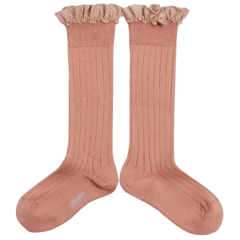 Collegien Apolline Gingham Ruffle Ribbed Knee-High Socks - Bois de Rose