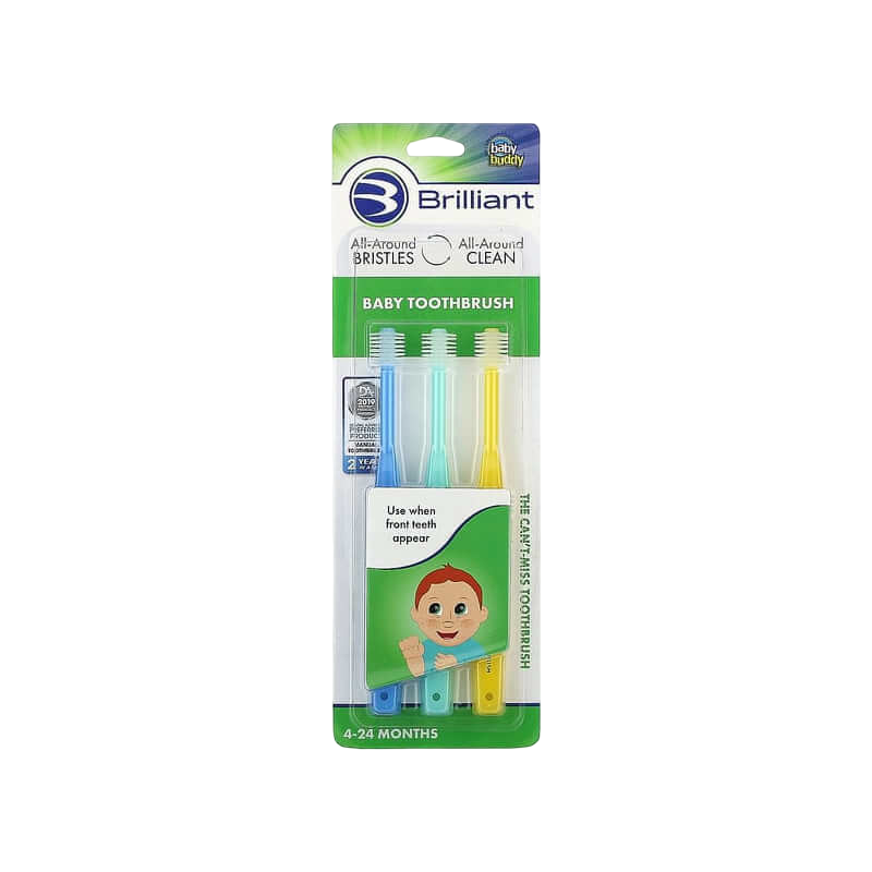 Baby Buddy Brilliant Baby Toothbrush 4-24 Months Blue Mint Yellow 3 Toothbrushes
