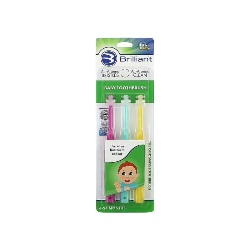 Baby Buddy Brilliant Baby Toothbrush 4-24 Months Pink Mint Yellow 3 Toothbrushes