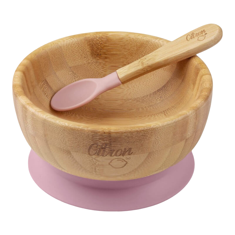Citron Bamboo Bowl with Suction & Spoon - Blush Pink