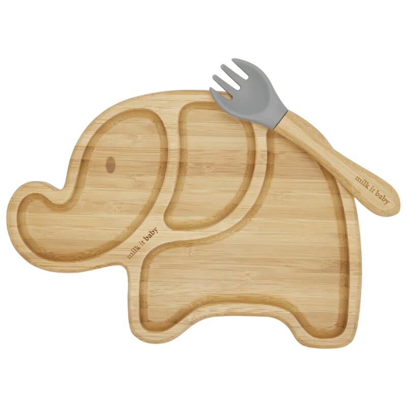 Milk It Baby Bamboo Elephant Suction Plate & Fork Set - Berry Blue