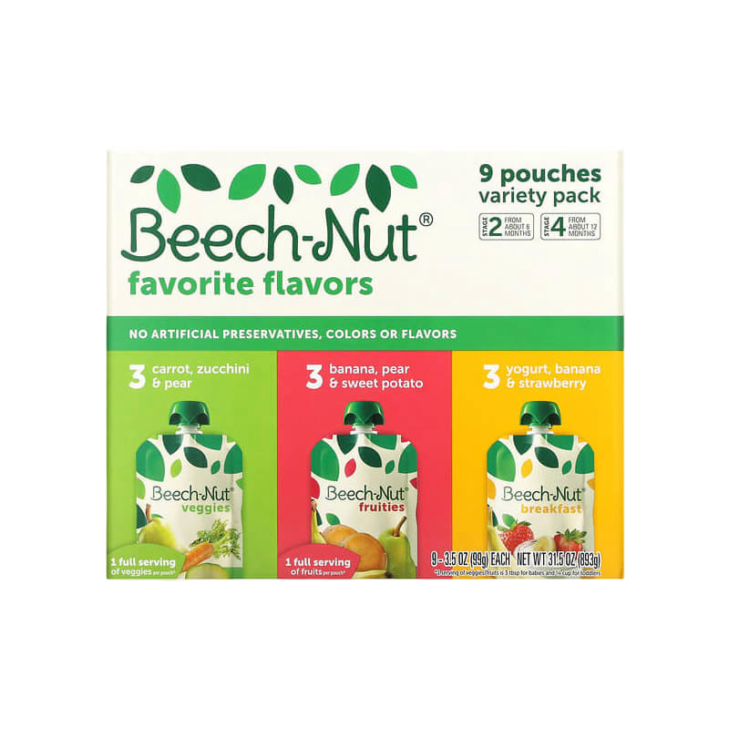 Beech-Nut Favorite Flavors Variety Pack 6+ Months & 12+ Months 9 Pouches 3.5 oz (99 g) Each