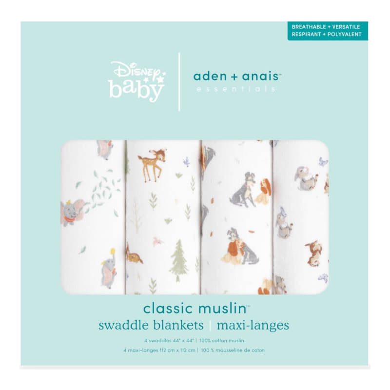 aden + anais Essentials Cotton Muslin Swaddles 4-Pack - Disney Baby, Disney + Friends