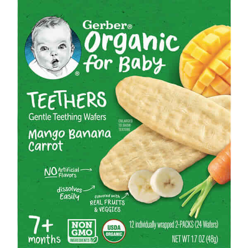 Gerber Organic for Baby Gentle Teething Wafers 7+ Months Mango Banana Carrot 12 Individually Wrapped 2-Packs 2 Wafers Each