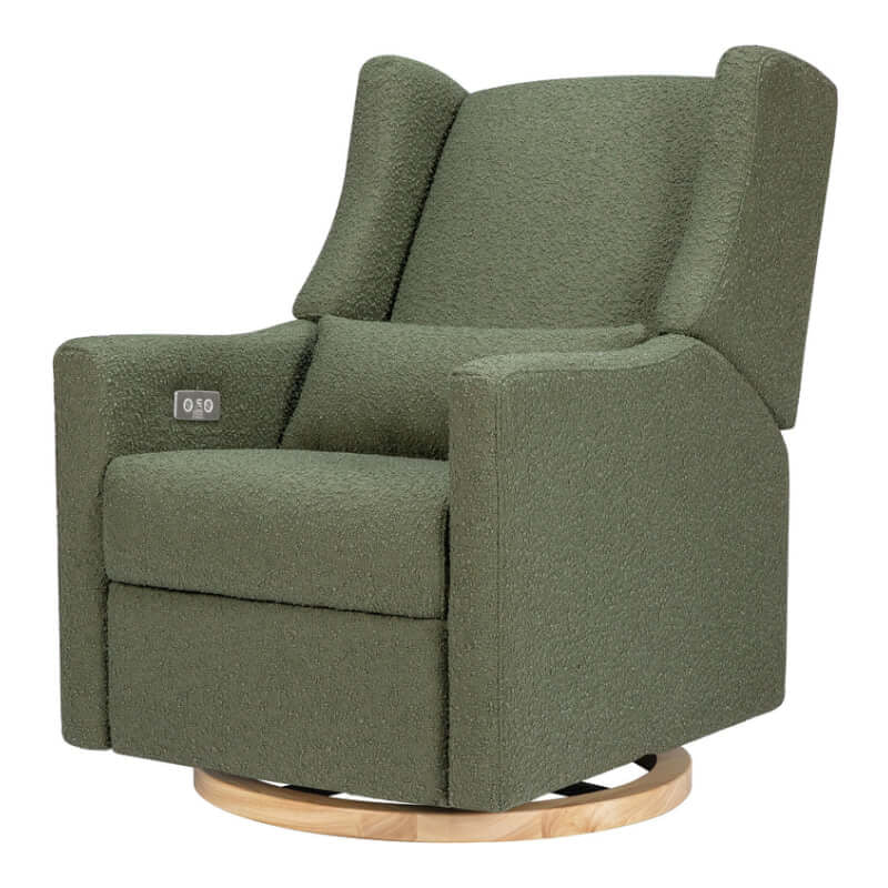 Babyletto Kiwi Electronic Recliner & Swivel Glider w/ USB Port - Olive Boucle with Light Wood Base