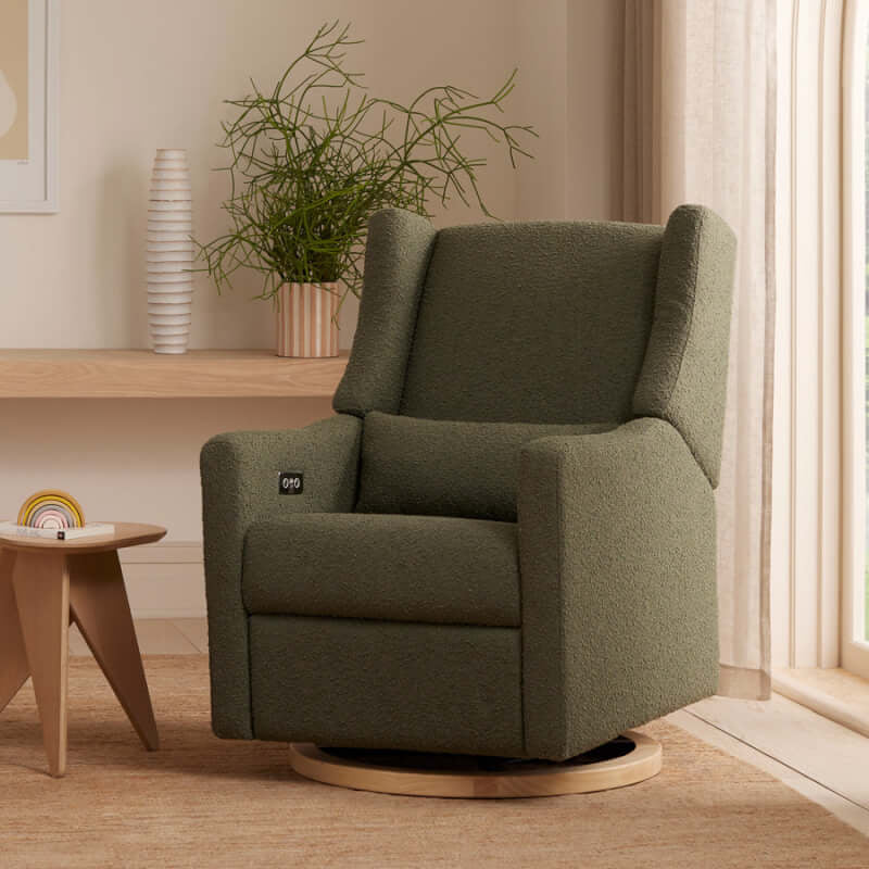Babyletto Kiwi Electronic Recliner & Swivel Glider w/ USB Port - Olive Boucle with Light Wood Base