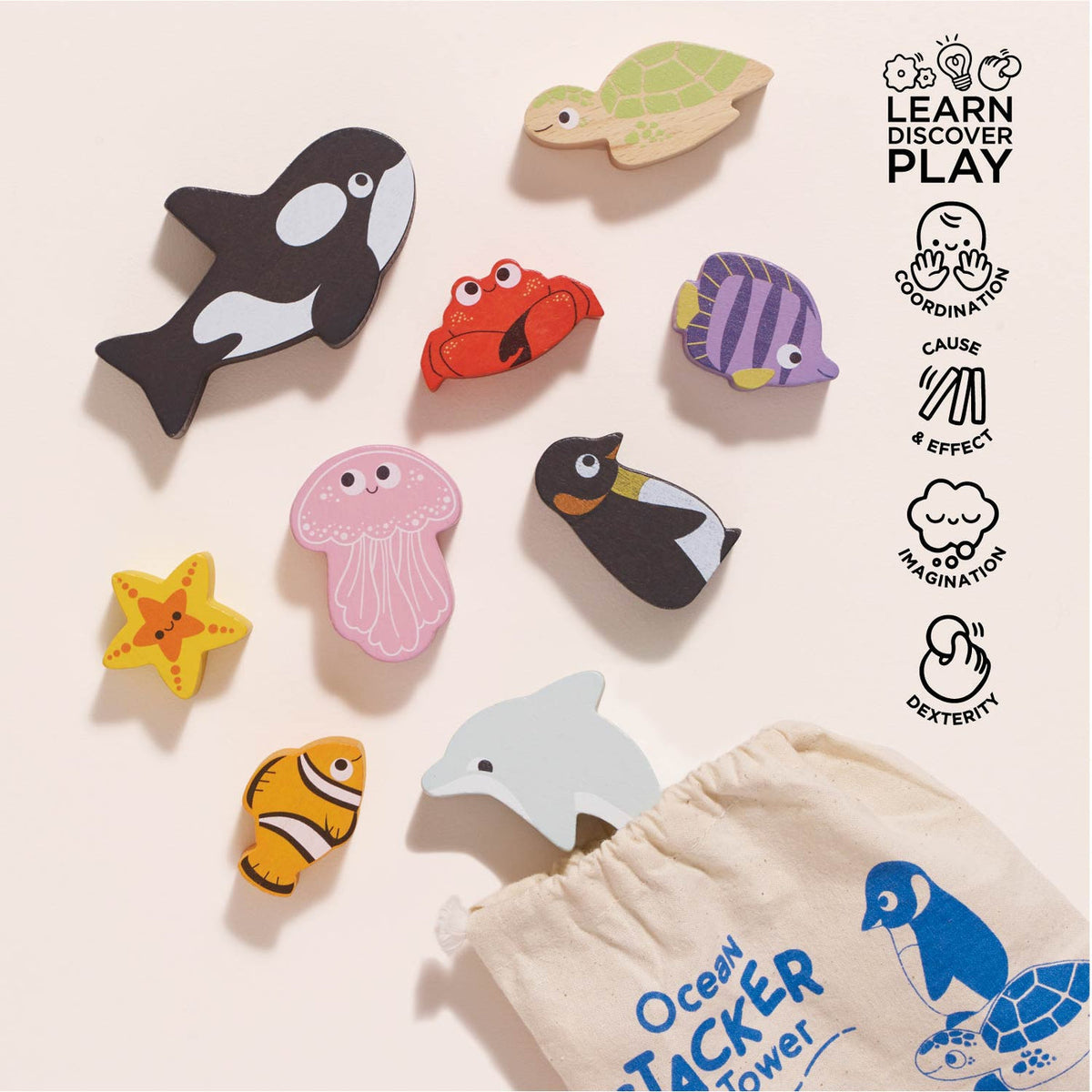 Le Toy Van Ocean Life Stacking Animals & Bag - 10 Piece (6) FSC 100%