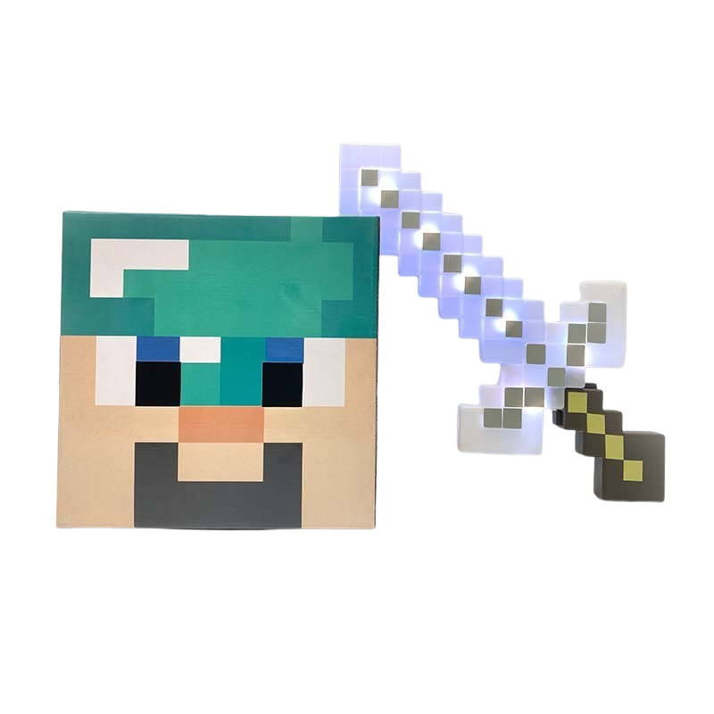 Pixel Art Toy Light-Up Adventure Sword + Diamond Steve Cardboard Head Toy Set