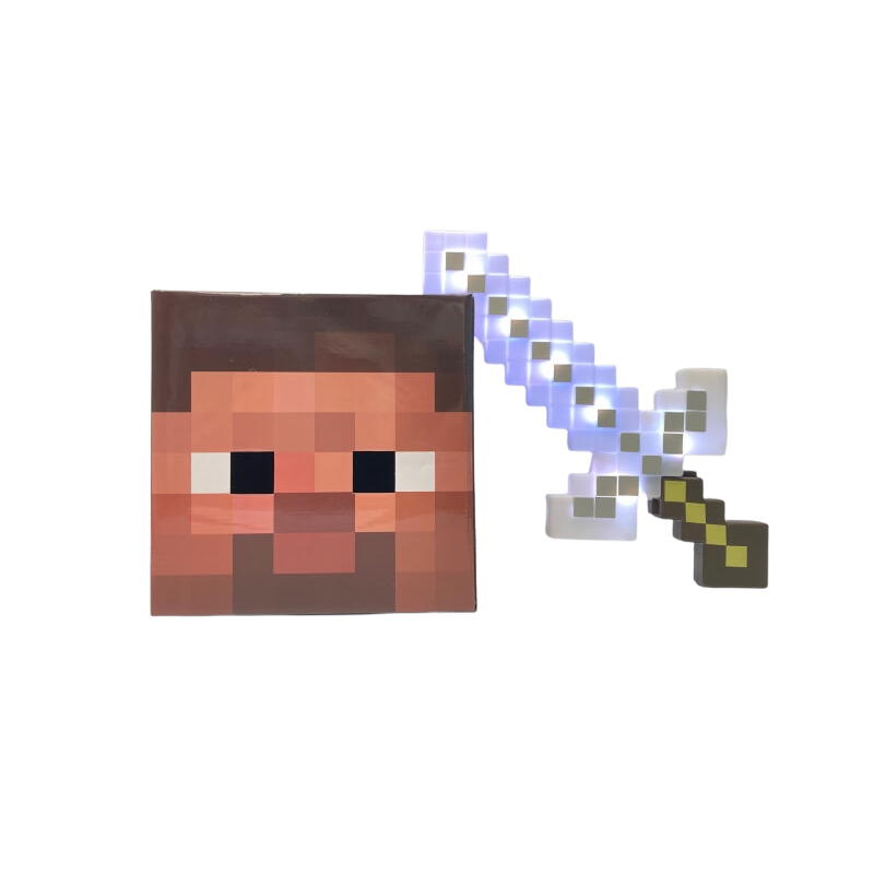 Pixel Art Toy Light-Up Adventure Sword + Steve Cardboard Head Toy Set