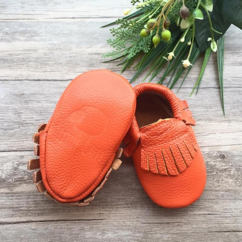 Little Caleb Moccasins - Classic Electric Coral Leather Moccasins