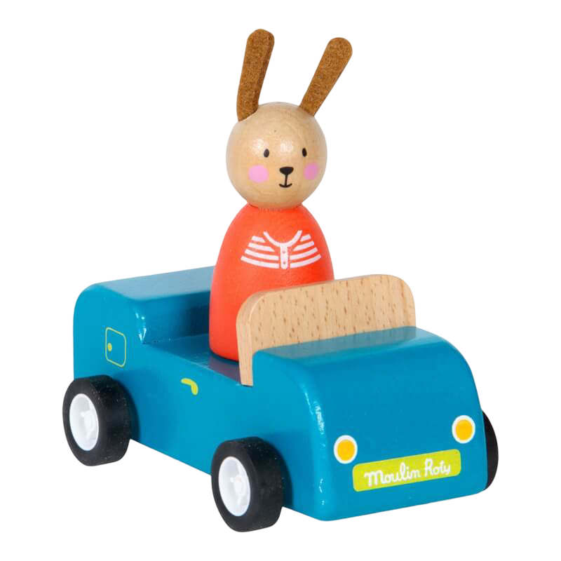 Moulin Roty La Grande Famille 木製藍色汽車與兔子 11 厘米
