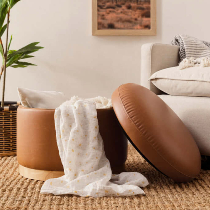 Babyletto Naka Storage Ottoman - Vegan Tan Leather with Light Wood Base