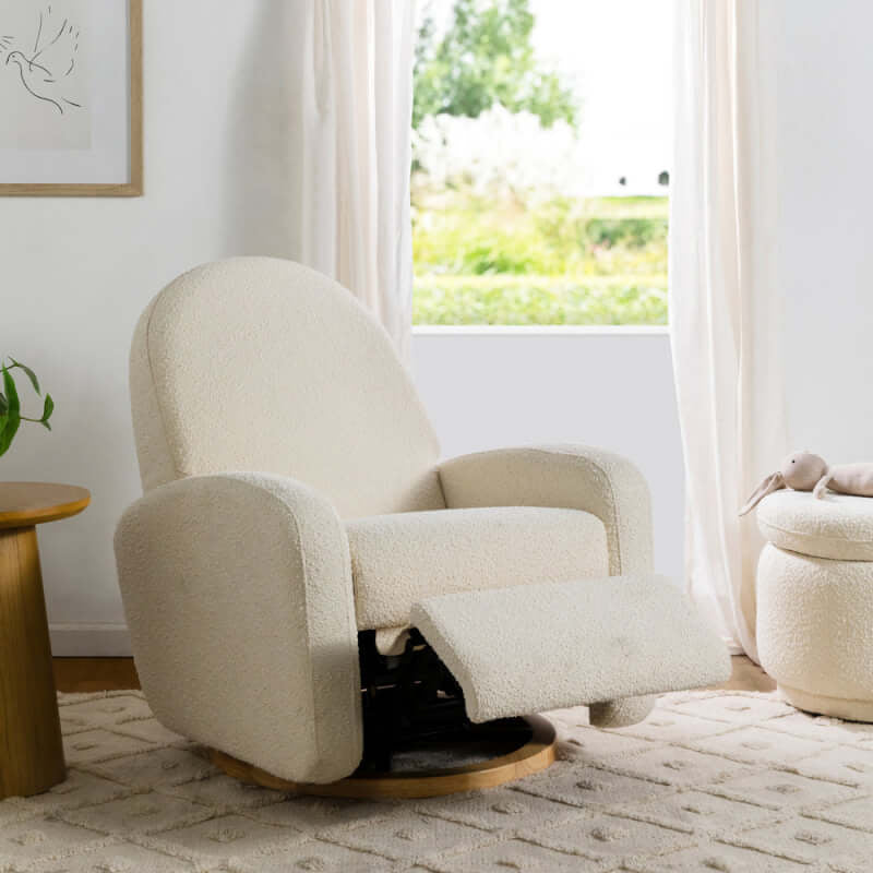 Babyletto Nami Electronic Recliner & Swivel Glider w/ USB Port - Ivory Boucle with Light Wood Base