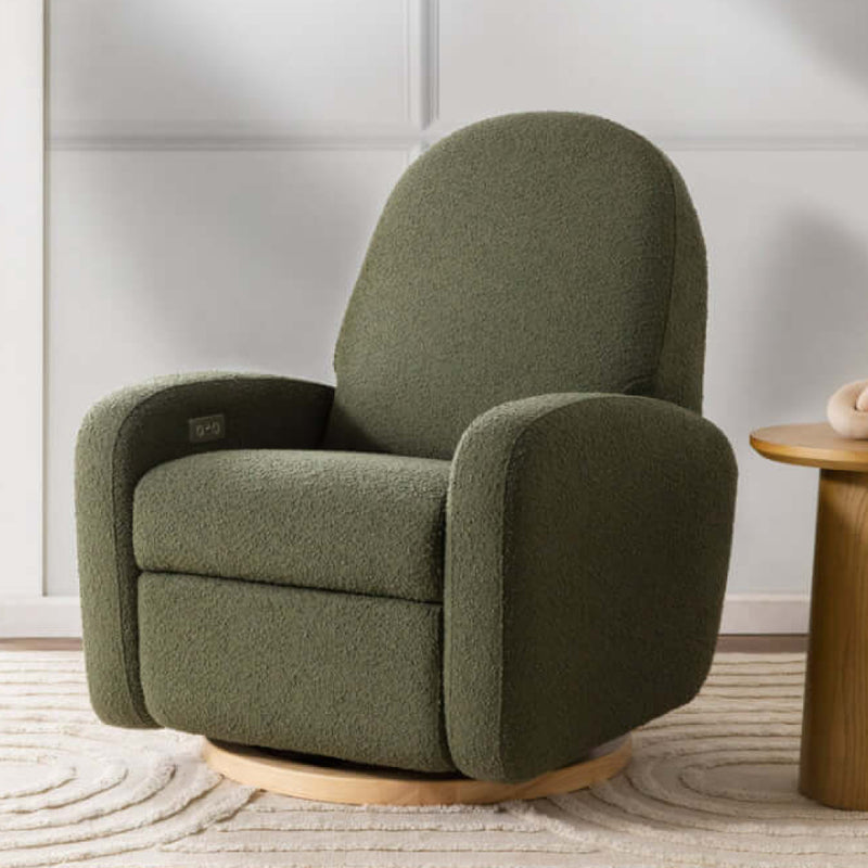Babyletto Nami Electronic Recliner & Swivel Glider w/ USB Port - Olive Boucle with Light Wood Base