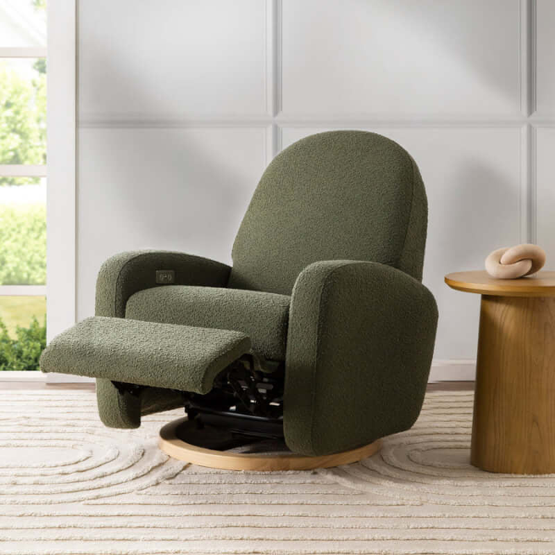 Babyletto Nami Electronic Recliner & Swivel Glider w/ USB Port - Olive Boucle with Light Wood Base