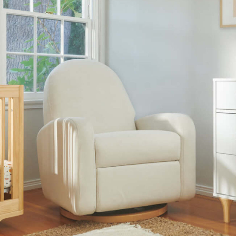 Babyletto Nami Electronic Recliner & Swivel Glider w/ USB Port - Performance Cream Eco-Weave with Light Wood Base