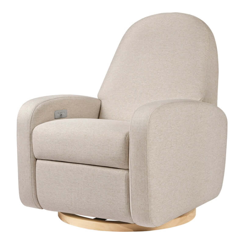 Babyletto Nami Electronic Recliner & Swivel Glider w/ USB Port - Performance Beach Eco-Weave with Light Wood Base
