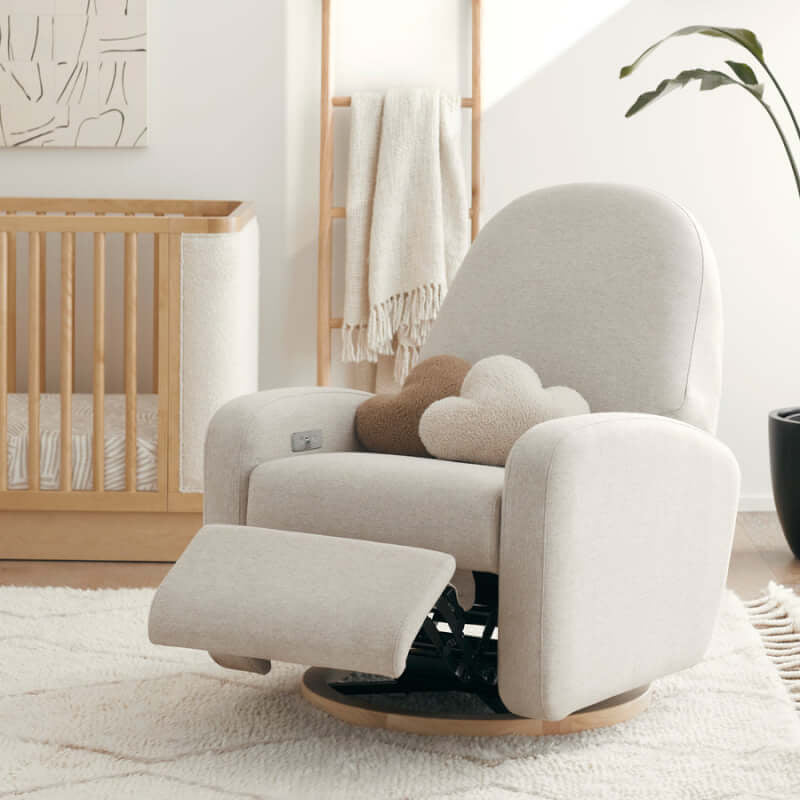 Babyletto Nami Electronic Recliner & Swivel Glider w/ USB Port - Performance Beach Eco-Weave with Light Wood Base
