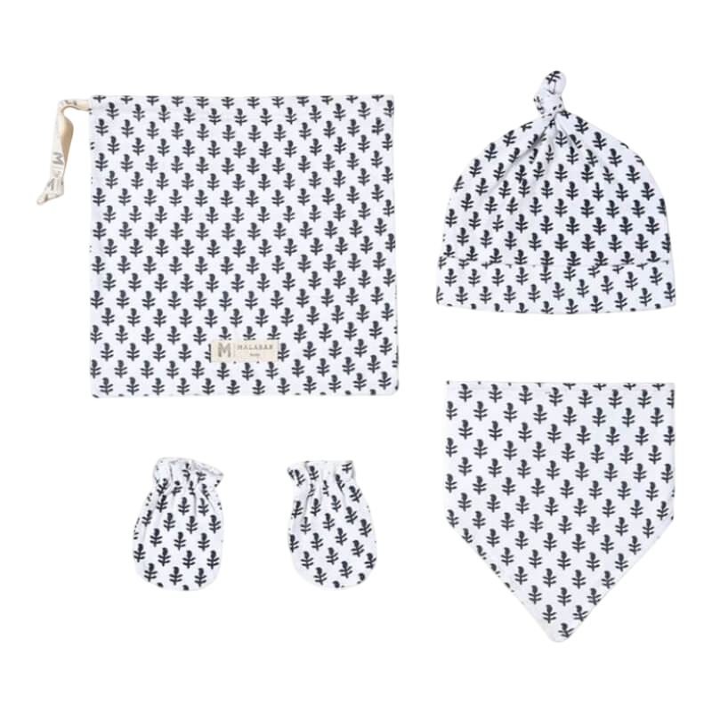 Malabar Baby Organic Cotton Bandana Bib, Mitten, Hat Set - Fort Blue