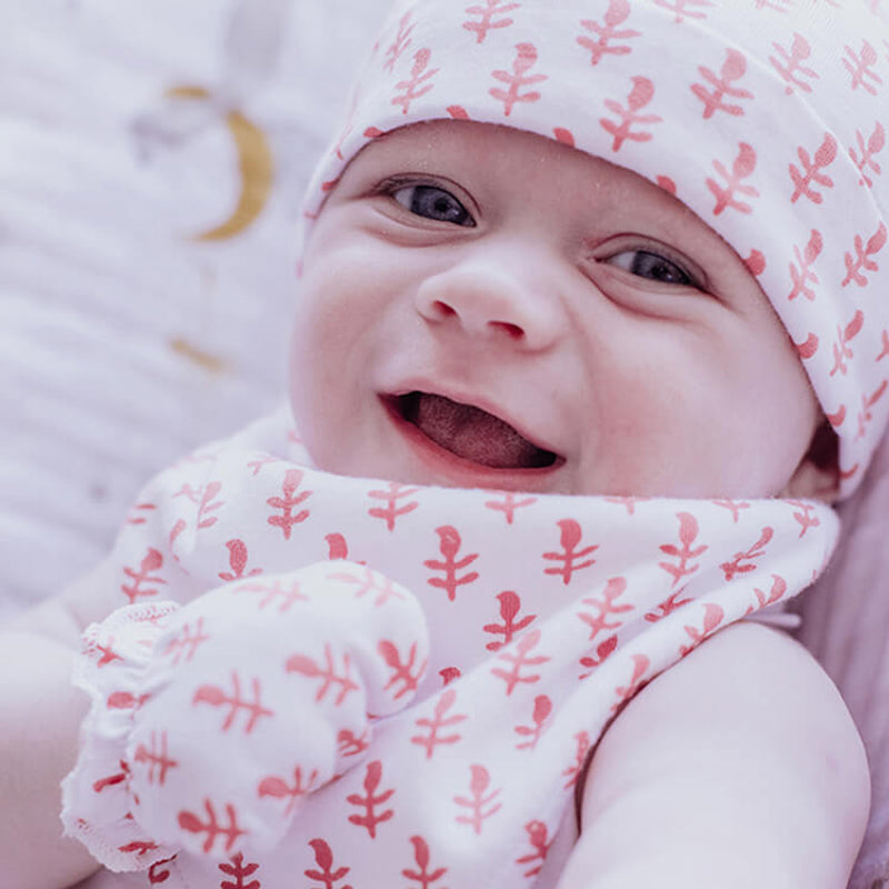 Malabar Baby Organic Cotton Bandana Bib, Mitten, Hat Set - Pink City