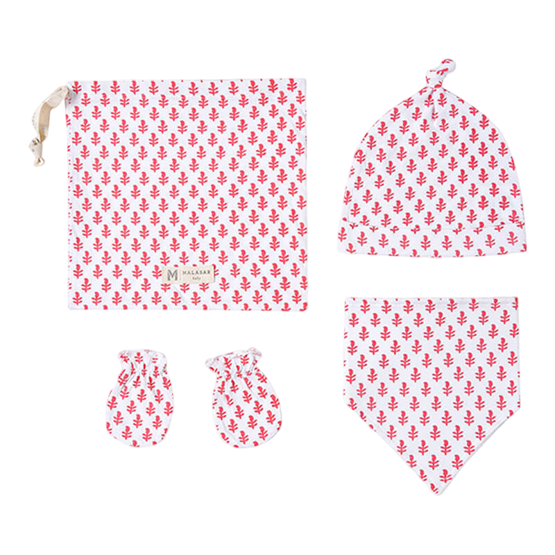 Malabar Baby 有機棉三角巾圍兜、手套、帽子套裝 - 粉紅之城