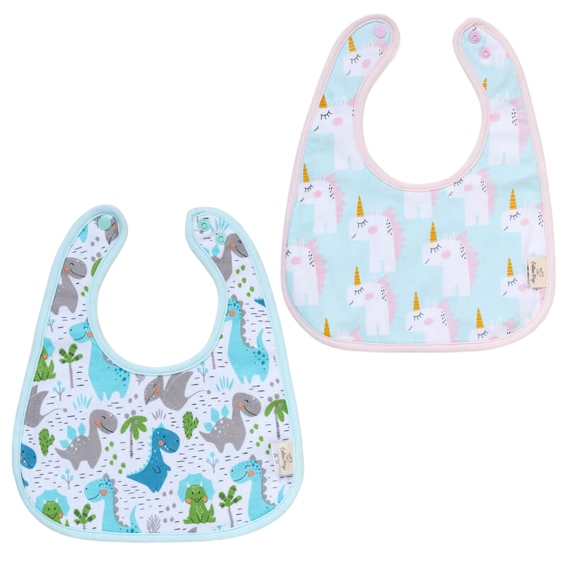 Cotton Pigs Organic Reversible Bib Set - Unicorns/Dino