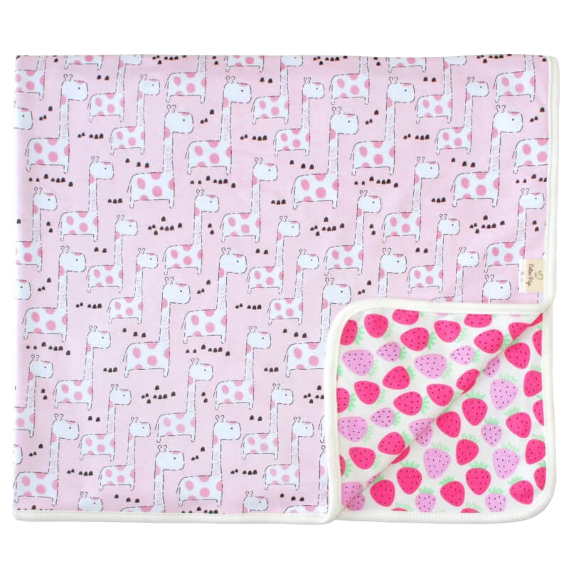 Cotton Pigs Organic Reversible Blanket 80x100cm - Giraffes & Strawberries