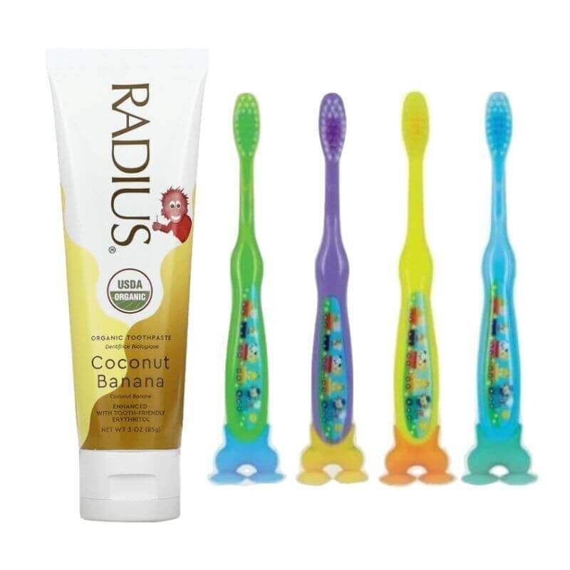 Radius Organic Toothpaste for Kids - Coconut Banana 85g + Parents League Soft ToothBrush with Suction Stand 2s