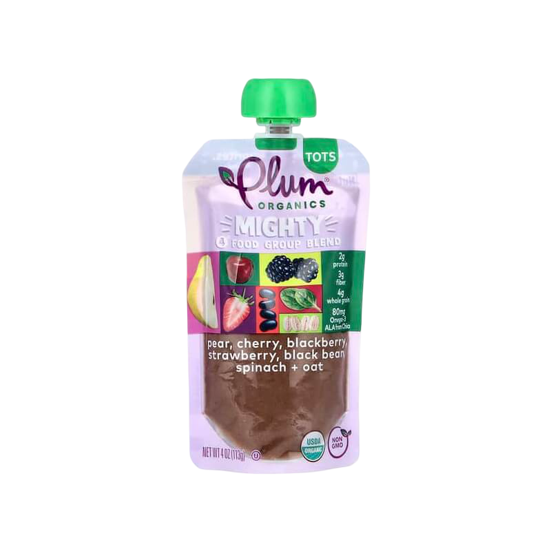Plum Organics 強效四合一混合蔬果粉(幼兒裝)梨子櫻桃黑莓草莓黑豆菠菜燕麥 4 盎司(113 克)