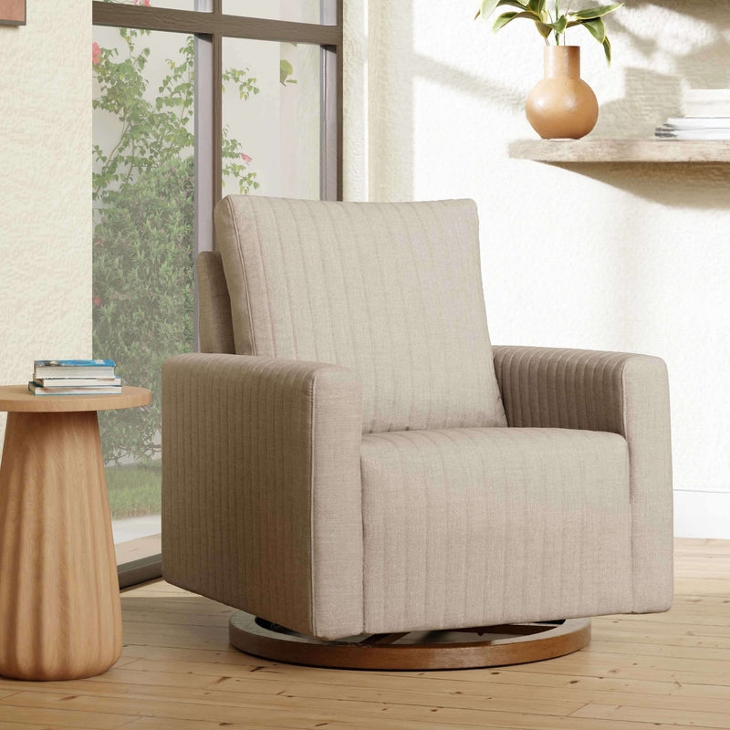 Babyletto Poe Channeled Swivel Glider - Performance Beach Eco-Weave with Dark Wood Base