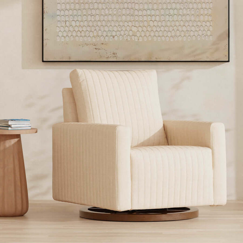 Babyletto Poe Channeled Swivel Glider - Performance Cream Eco-Weave with Dark Wood Base Babyletto