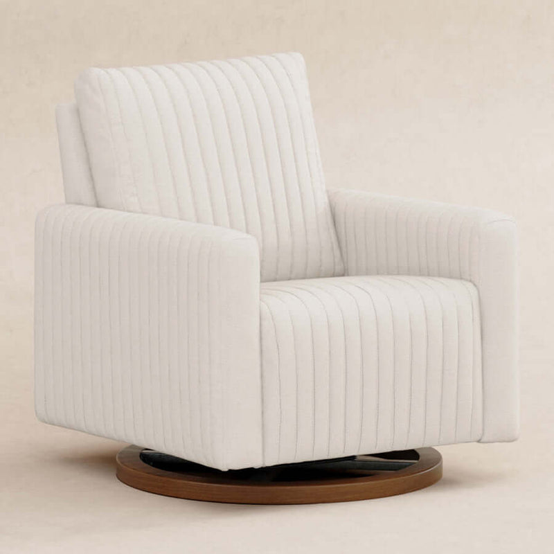 Babyletto Poe Channeled Swivel Glider - Performance Cream Eco-Weave with Dark Wood Base