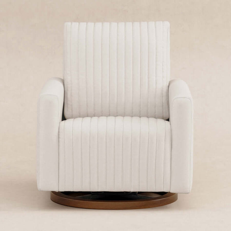 Babyletto Poe Channeled Swivel Glider - Performance Cream Eco-Weave with Dark Wood Base