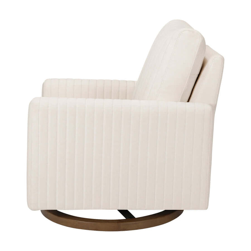 Babyletto Poe Channeled Swivel Glider - Performance Cream Eco-Weave with Dark Wood Base