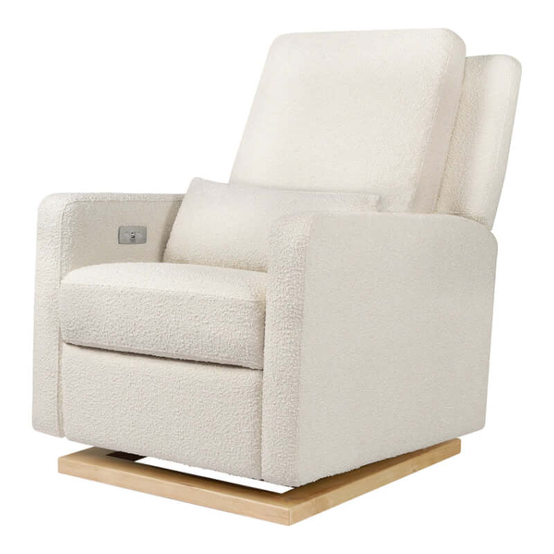 Babyletto Sigi Electronic Recliner & Glider w/ USB Port - Ivory Boucle with Light Wood Base