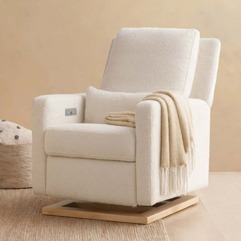 Babyletto Sigi Electronic Recliner & Glider w/ USB Port - Ivory Boucle with Light Wood Base