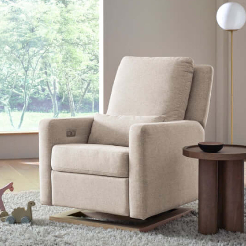 Babyletto Sigi Electronic Recliner & Glider w/ USB Port - Performance Beach Eco-Weave with Light Wood Base