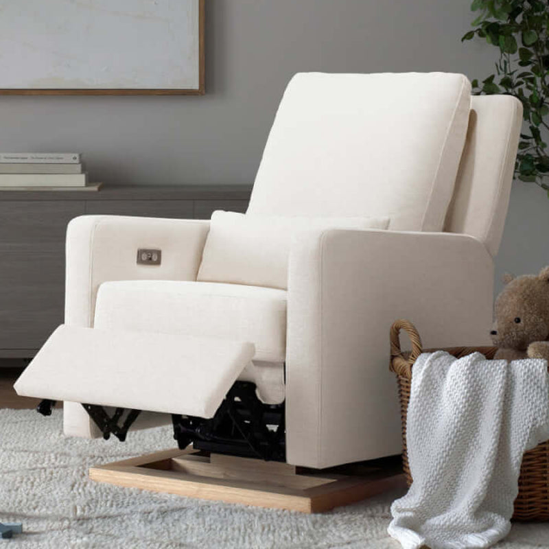 Babyletto Sigi Electronic Recliner & Glider w/ USB Port - Performance Cream Eco-Weave with Light Wood Base