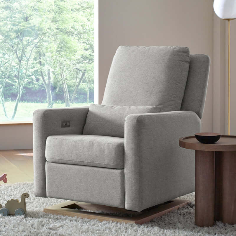 Babyletto Sigi Electronic Recliner & Glider w/ USB Port - Performance Grey Eco-Weave with Light Wood Base