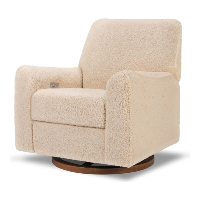 Babyletto Sunday Power Recliner and Swivel Glider - Chai Shearling with Dark Wood Base