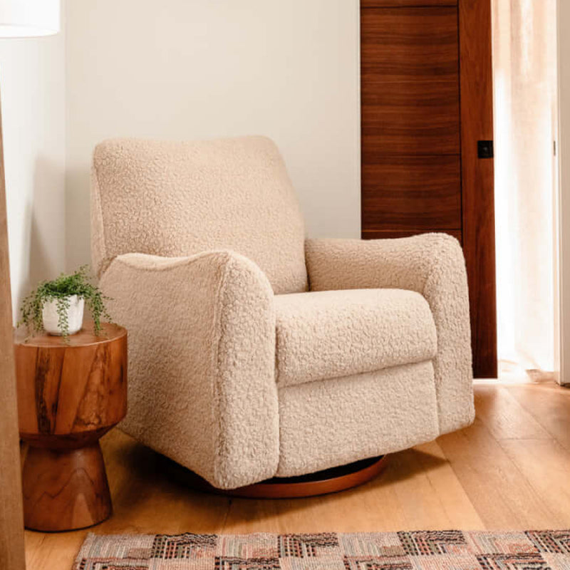 Babyletto Sunday Power Recliner and Swivel Glider - Chai Shearling with Dark Wood Base