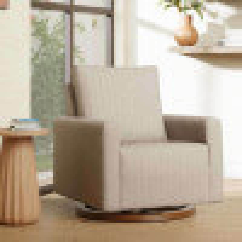 Babyletto Poe Channeled Swivel Glider - Performance Beach Eco-Weave with Dark Wood Base
