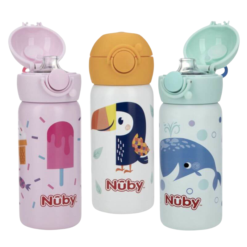 Nuby 不鏽鋼運動水壺吸嘴,附按壓式壺蓋,容量 10 盎司/300 毫升