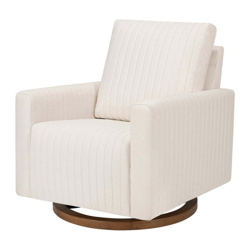 Babyletto Poe Channeled Swivel Glider - Performance Cream Eco-Weave with Dark Wood Base Babyletto