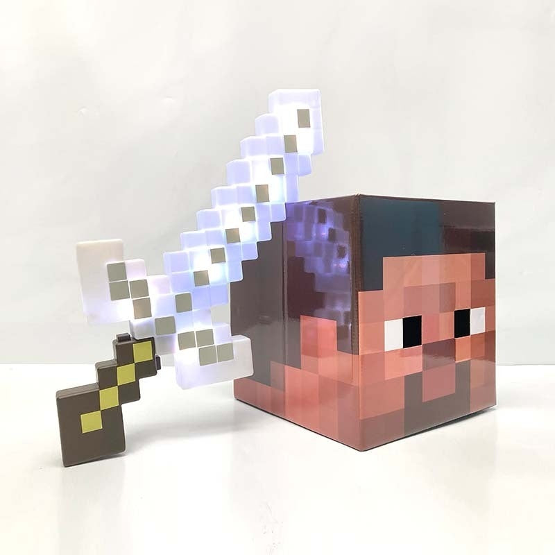 Pixel Art Toy Light-Up Adventure Sword + Steve Cardboard Head Toy Set