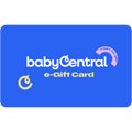 Blue e-gift card with babyCentral branding on a white background