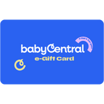 Blue e-gift card with babyCentral branding on a white background